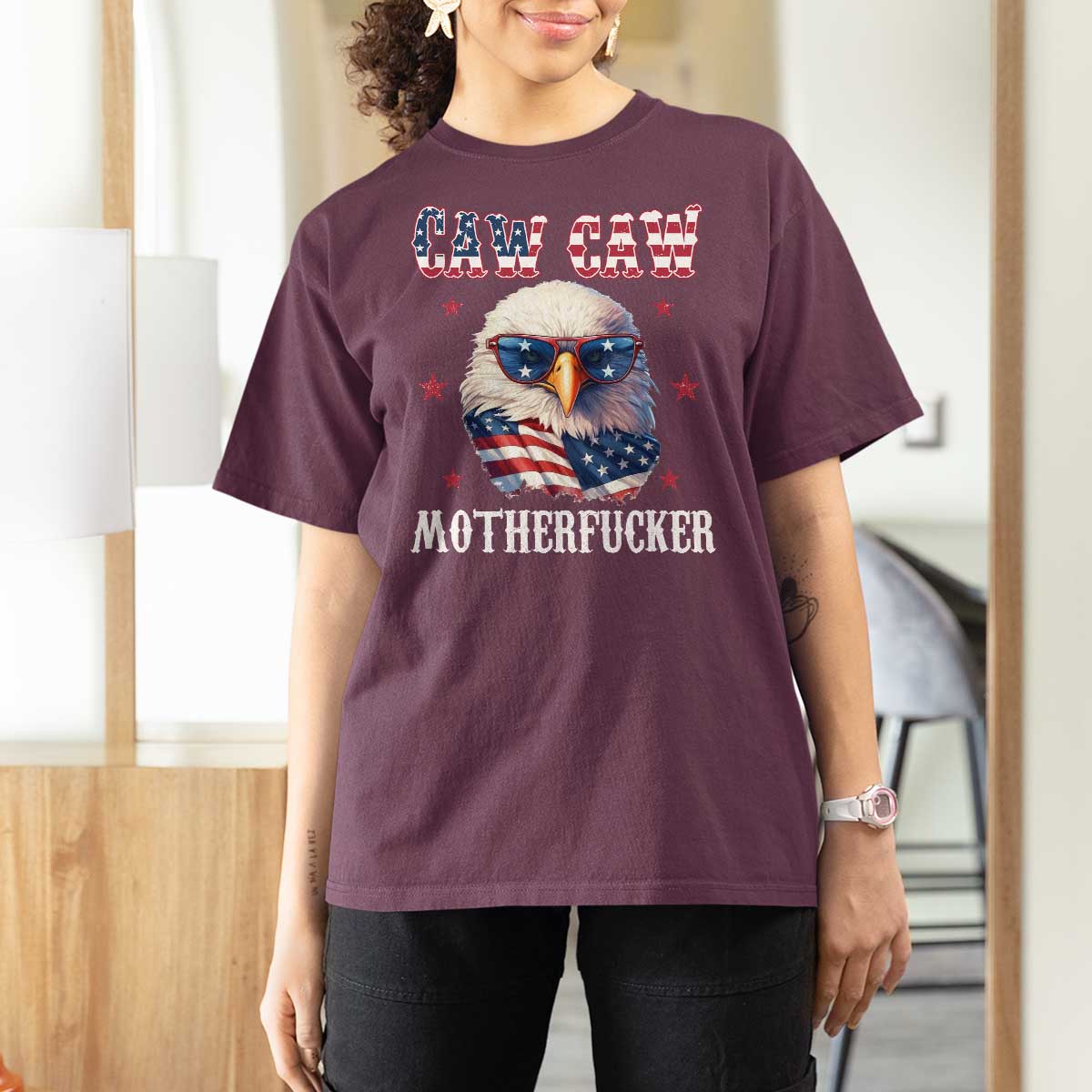 Bald Eagle Patriotic T Shirt For Women Caw Caw Motherfucker American Flag - Wonder Print Shop
