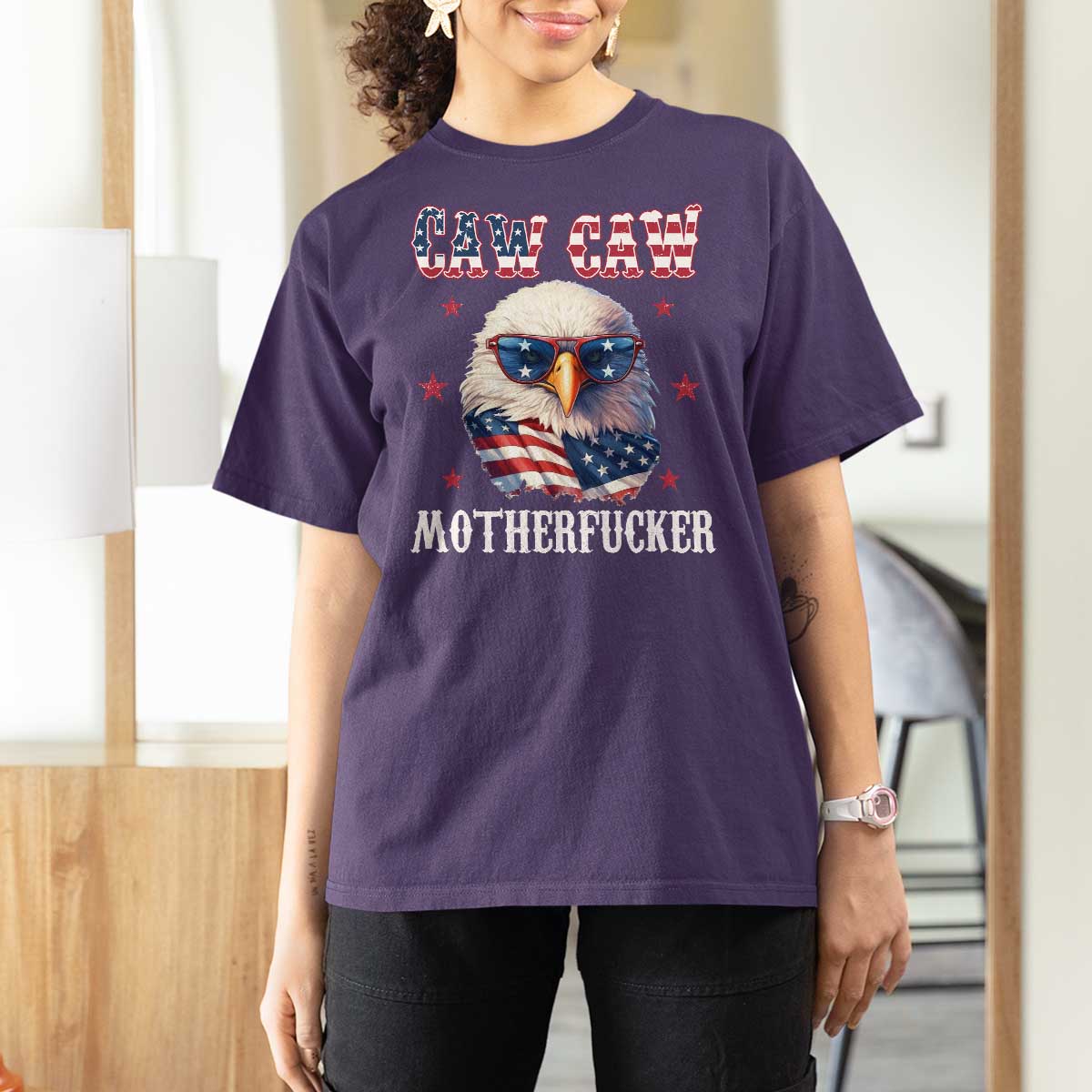 Bald Eagle Patriotic T Shirt For Women Caw Caw Motherfucker American Flag - Wonder Print Shop