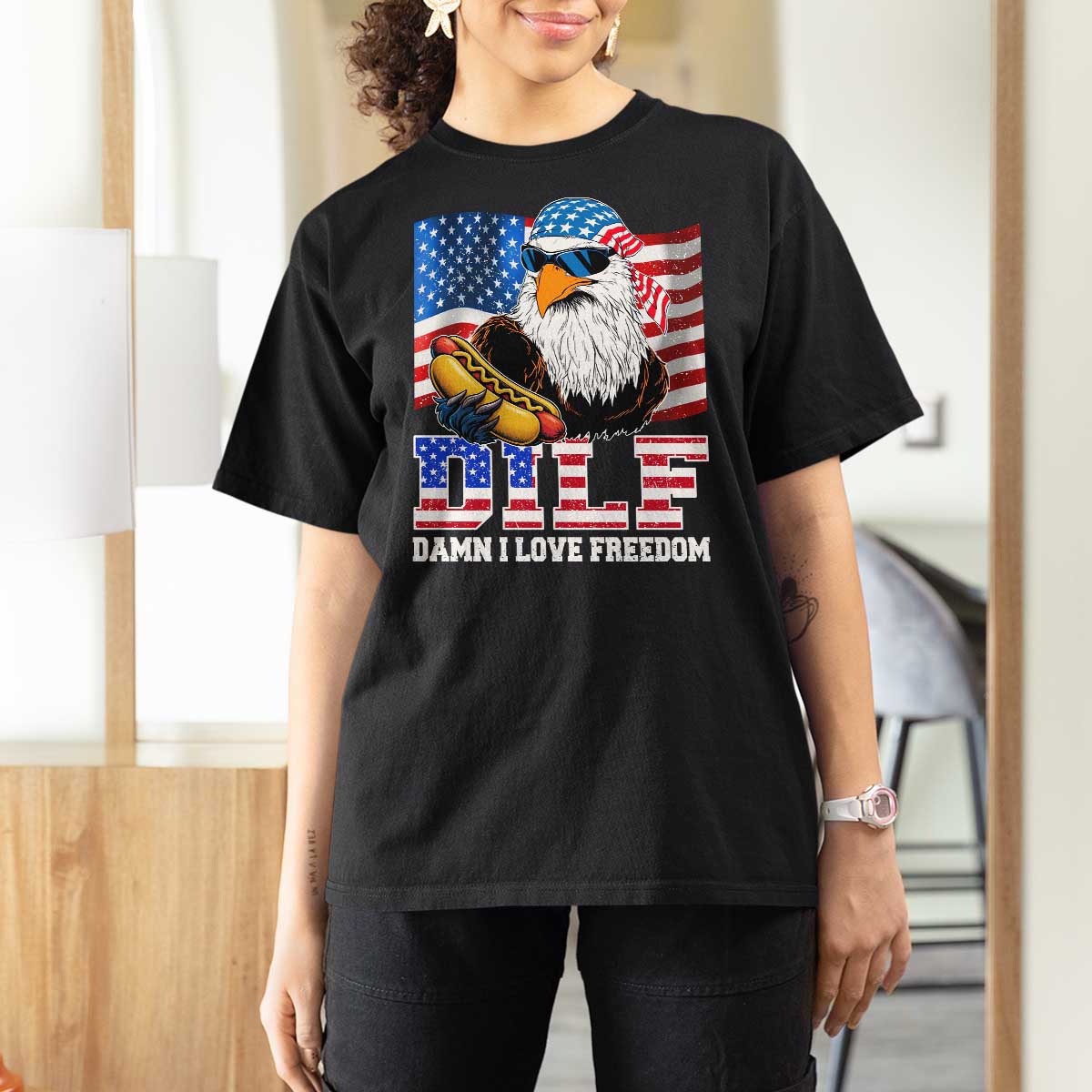 Funny Patriotic 4th Of July T Shirt For Women Eagle DILF Damn I Love Freedom - Wonder Print Shop