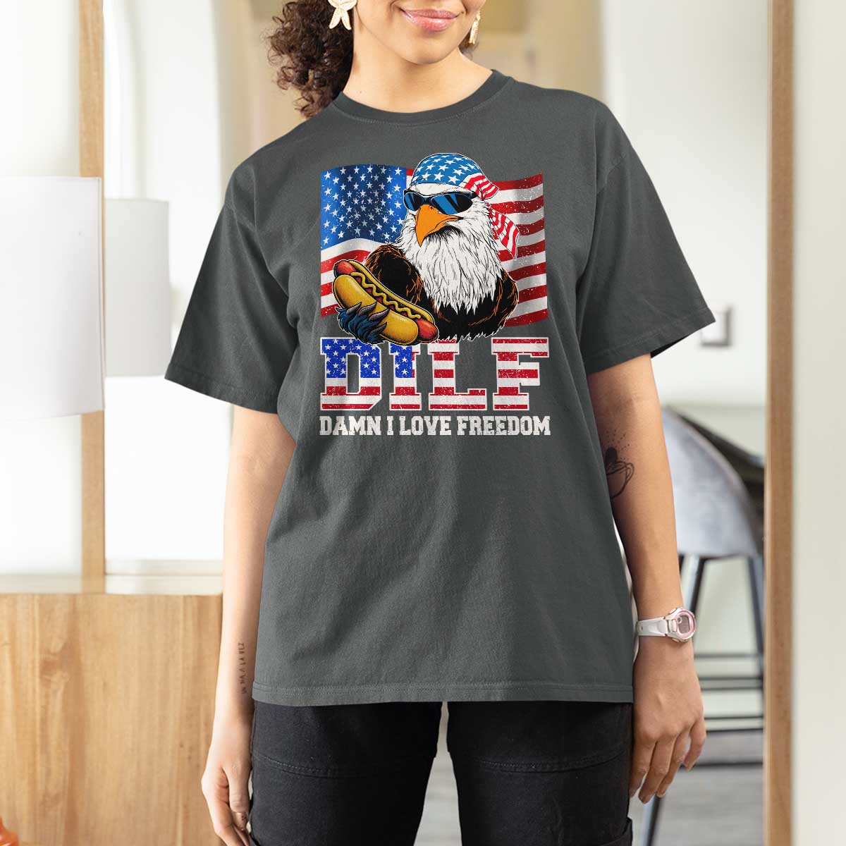 Funny Patriotic 4th Of July T Shirt For Women Eagle DILF Damn I Love Freedom - Wonder Print Shop