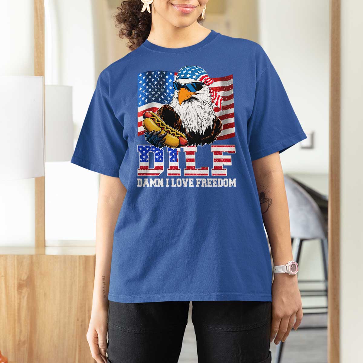 Funny Patriotic 4th Of July T Shirt For Women Eagle DILF Damn I Love Freedom - Wonder Print Shop