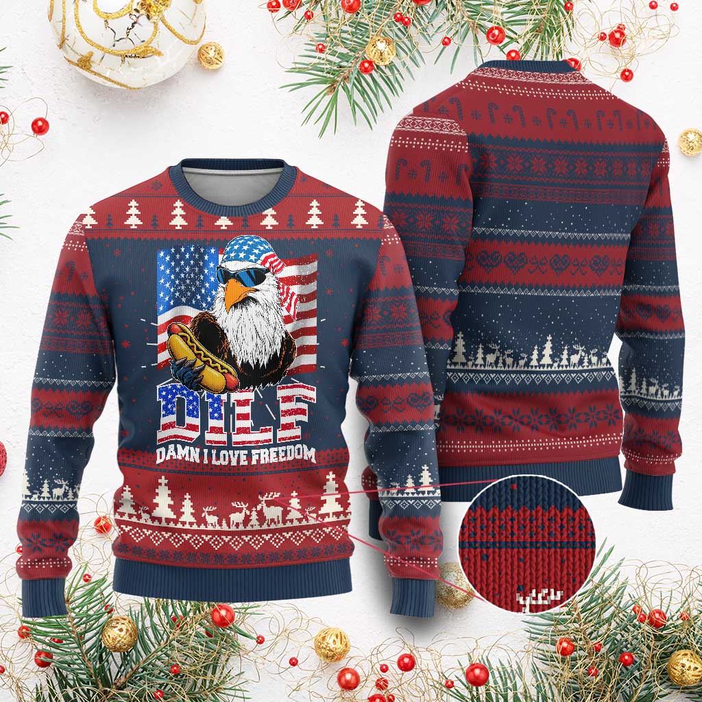 Funny Patriotic 4th Of July Knitted Sweatshirt Eagle DILF Damn I Love Freedom - Wonder Print Shop