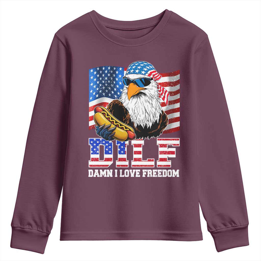 Funny Patriotic 4th Of July Youth Sweatshirt Eagle DILF Damn I Love Freedom - Wonder Print Shop
