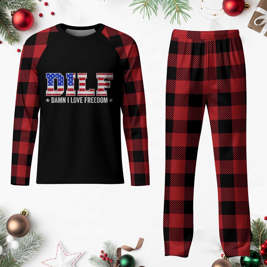 Funny Patriotic 4th Of July Plaid Pajama Set DILF Damn I Love Freedom American Flag - Wonder Print Shop