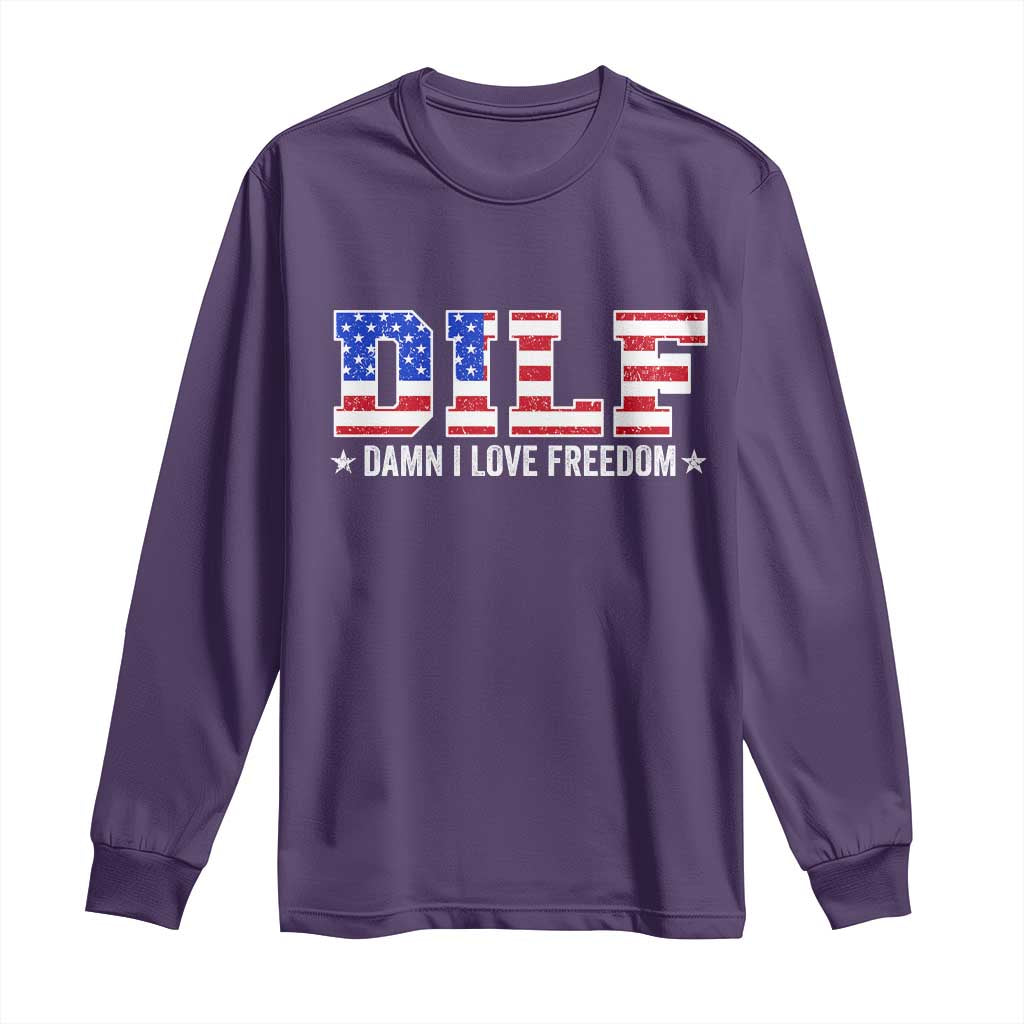 Funny Patriotic 4th Of July Long Sleeve Shirt DILF Damn I Love Freedom American Flag - Wonder Print Shop