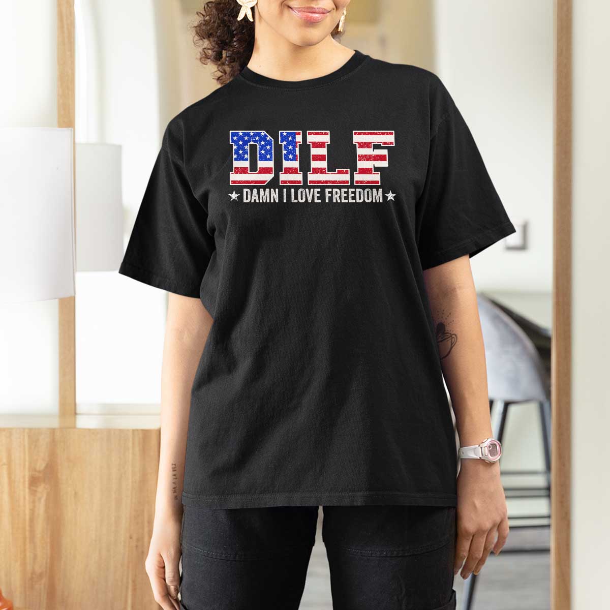 Funny Patriotic 4th Of July T Shirt For Women DILF Damn I Love Freedom American Flag - Wonder Print Shop