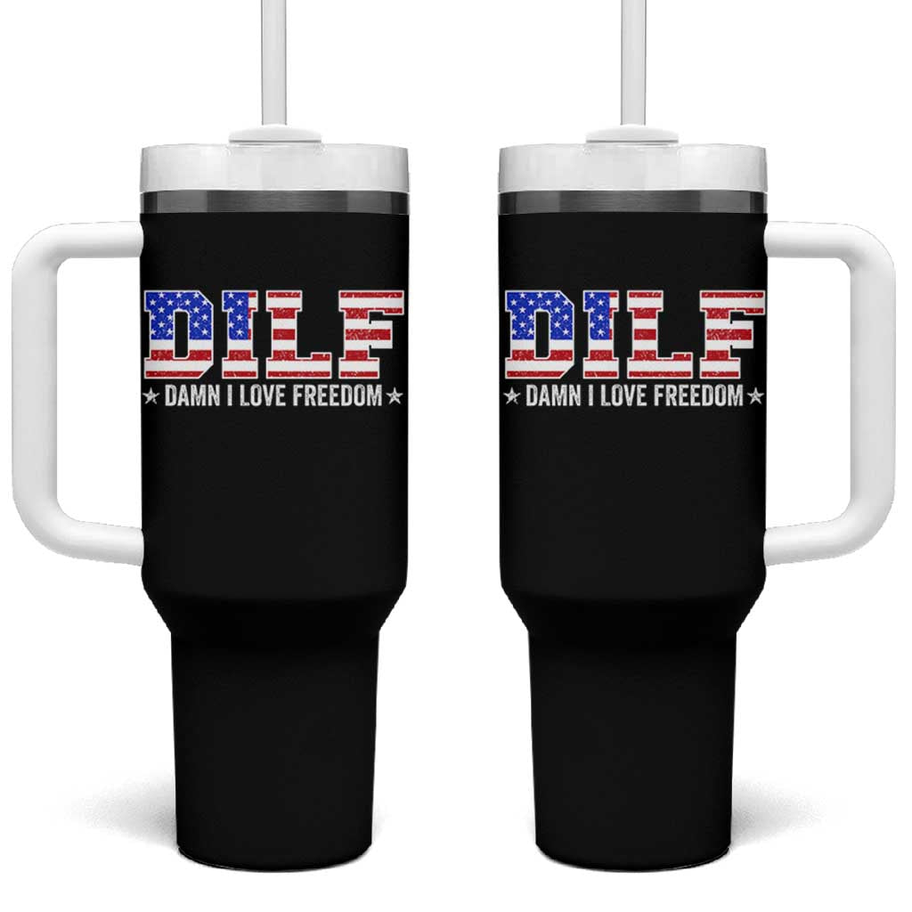 Funny Patriotic 4th Of July Tumbler With Handle DILF Damn I Love Freedom American Flag - Wonder Print Shop