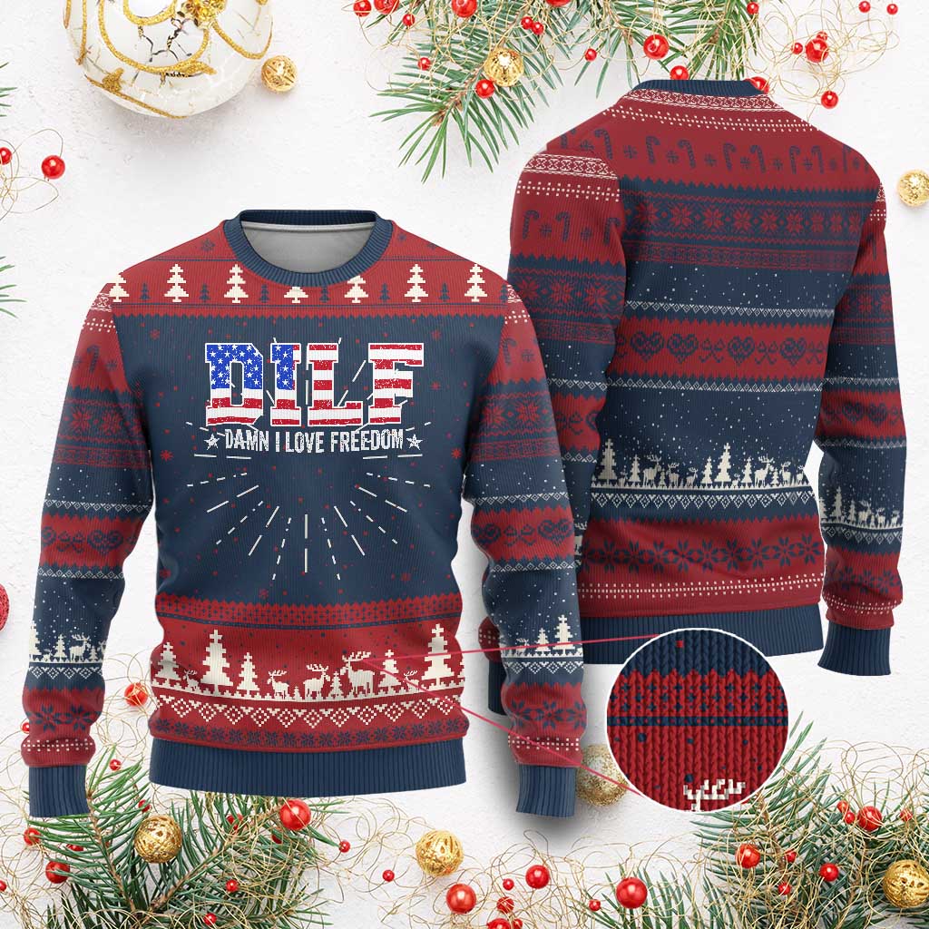 Funny Patriotic 4th Of July Knitted Sweatshirt DILF Damn I Love Freedom American Flag - Wonder Print Shop