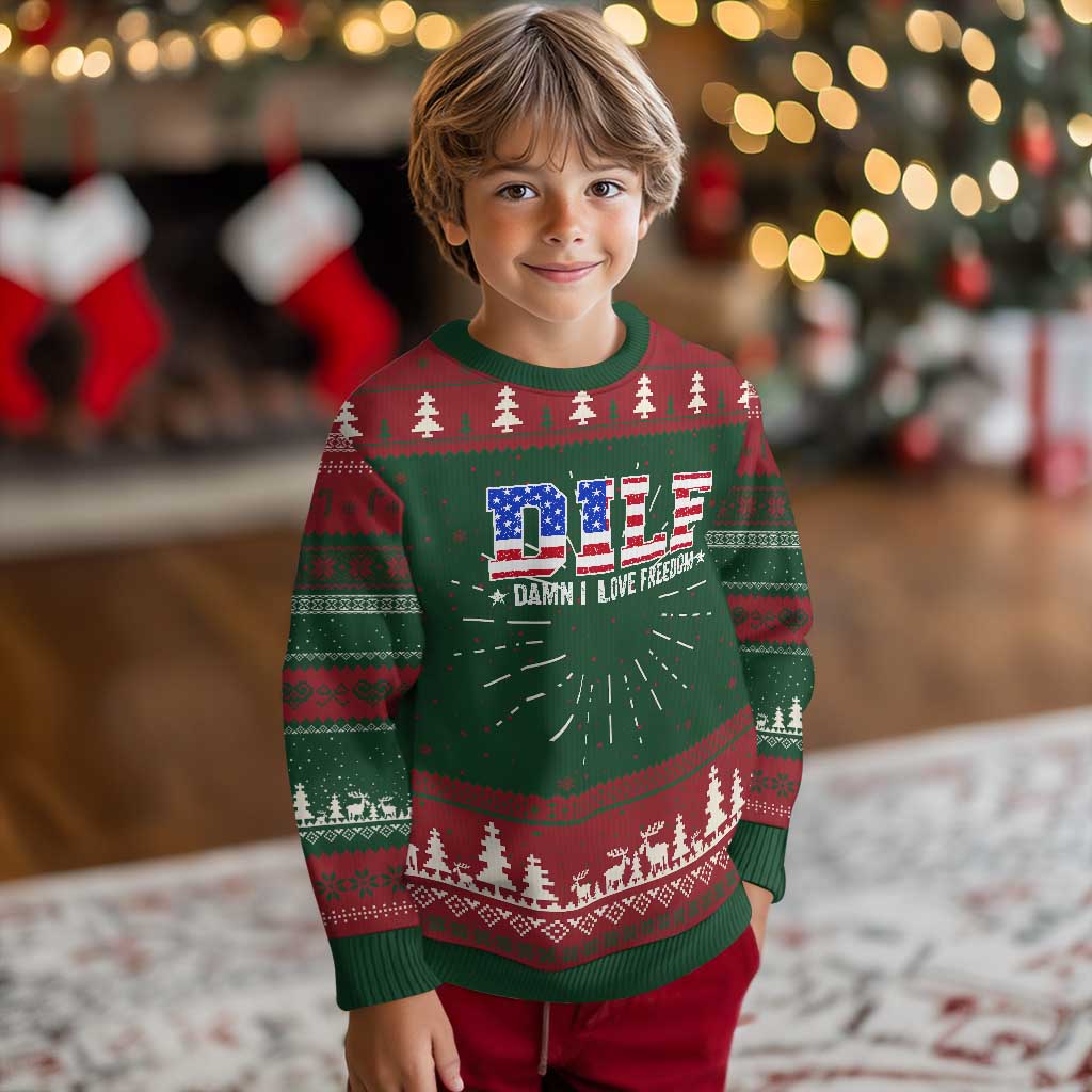 Funny Patriotic 4th Of July Knitted Sweatshirt DILF Damn I Love Freedom American Flag - Wonder Print Shop