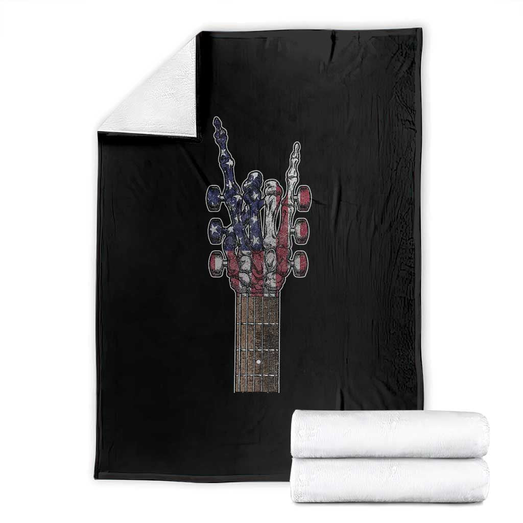 Rock On Skeleton Hand Guitar Throw Blanket Retro American Flag Heavy Metal Guitarist - Wonder Print Shop