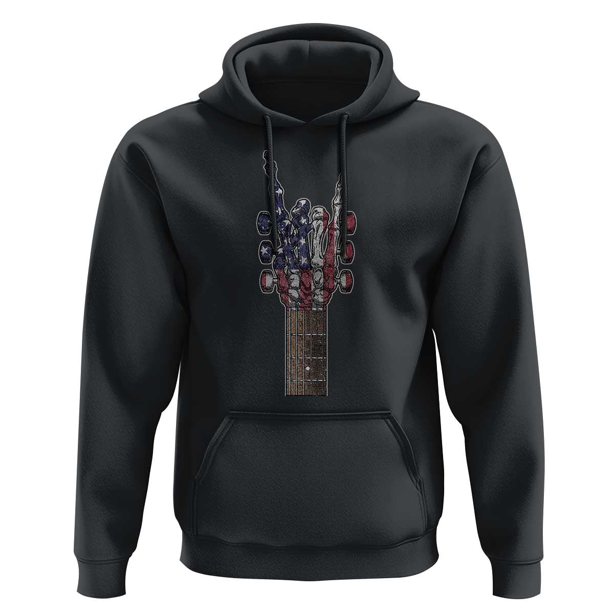 Rock On Skeleton Hand Guitar Hoodie Retro American Flag Heavy Metal Guitarist - Wonder Print Shop