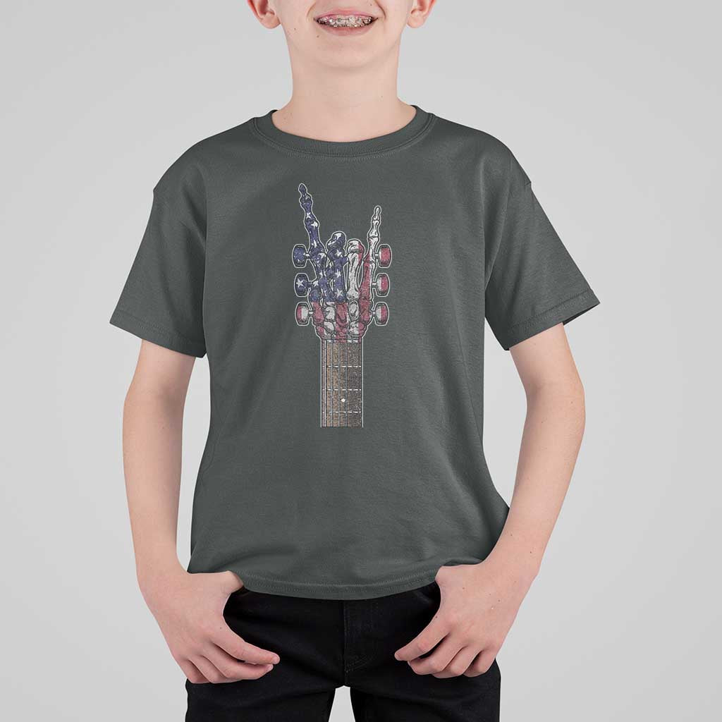 Rock On Skeleton Hand Guitar T Shirt For Kid Retro American Flag Heavy Metal Guitarist - Wonder Print Shop