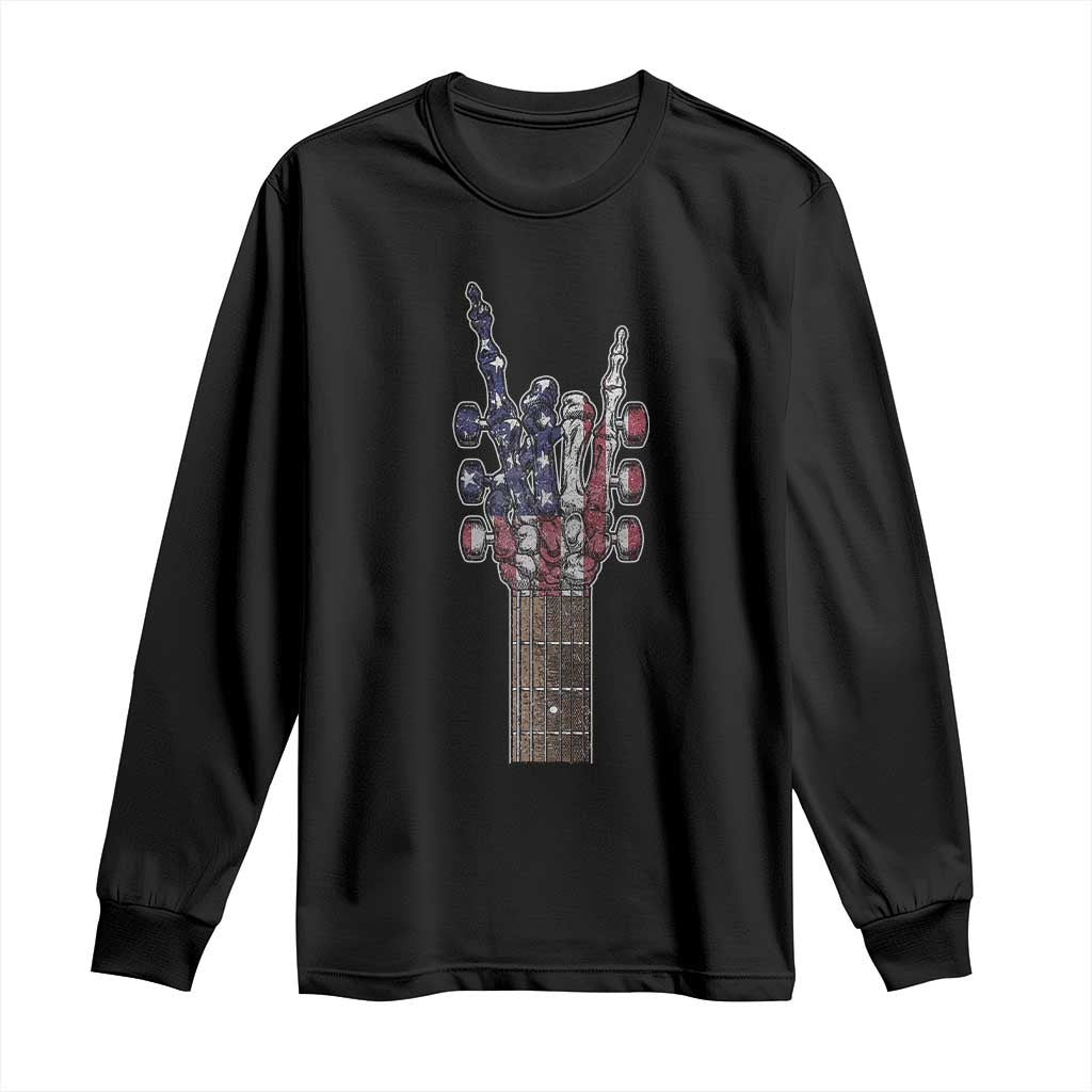 Rock On Skeleton Hand Guitar Long Sleeve Shirt Retro American Flag Heavy Metal Guitarist - Wonder Print Shop