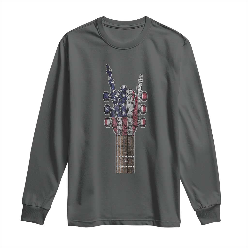 Rock On Skeleton Hand Guitar Long Sleeve Shirt Retro American Flag Heavy Metal Guitarist - Wonder Print Shop
