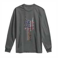 Rock On Skeleton Hand Guitar Long Sleeve Shirt Retro American Flag Heavy Metal Guitarist - Wonder Print Shop