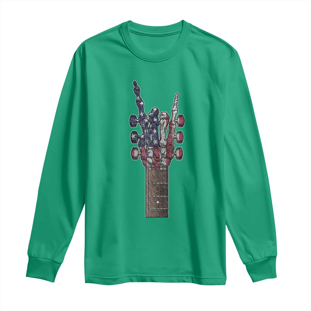 Rock On Skeleton Hand Guitar Long Sleeve Shirt Retro American Flag Heavy Metal Guitarist - Wonder Print Shop