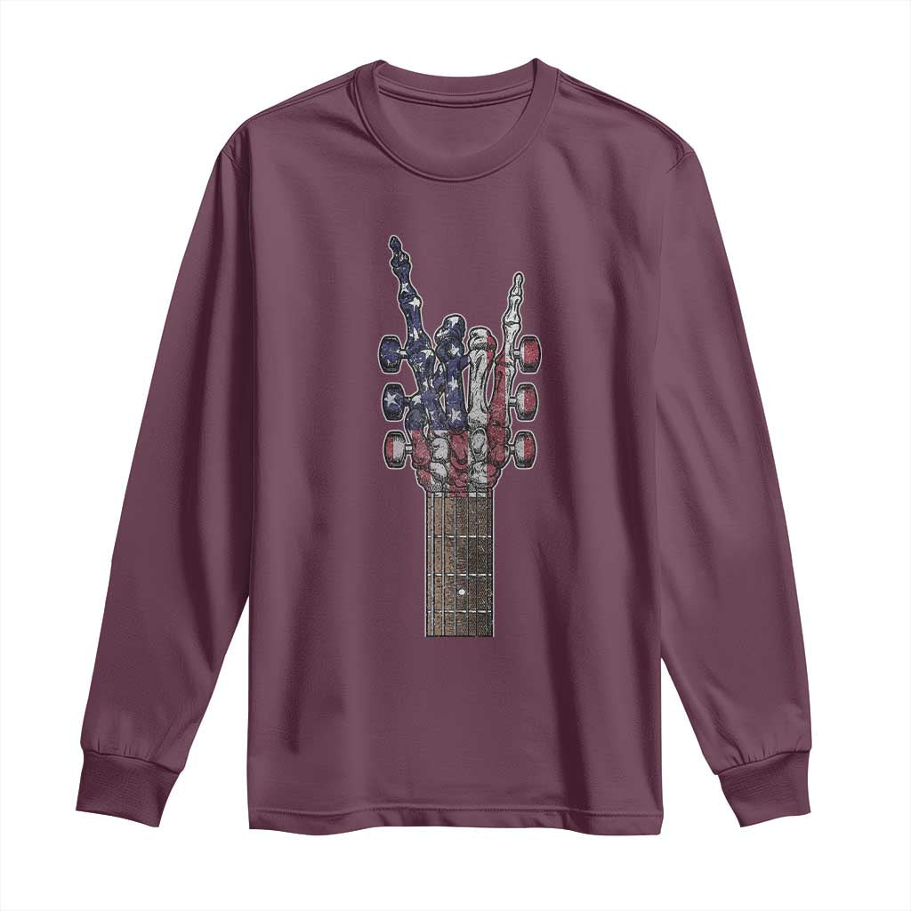 Rock On Skeleton Hand Guitar Long Sleeve Shirt Retro American Flag Heavy Metal Guitarist - Wonder Print Shop