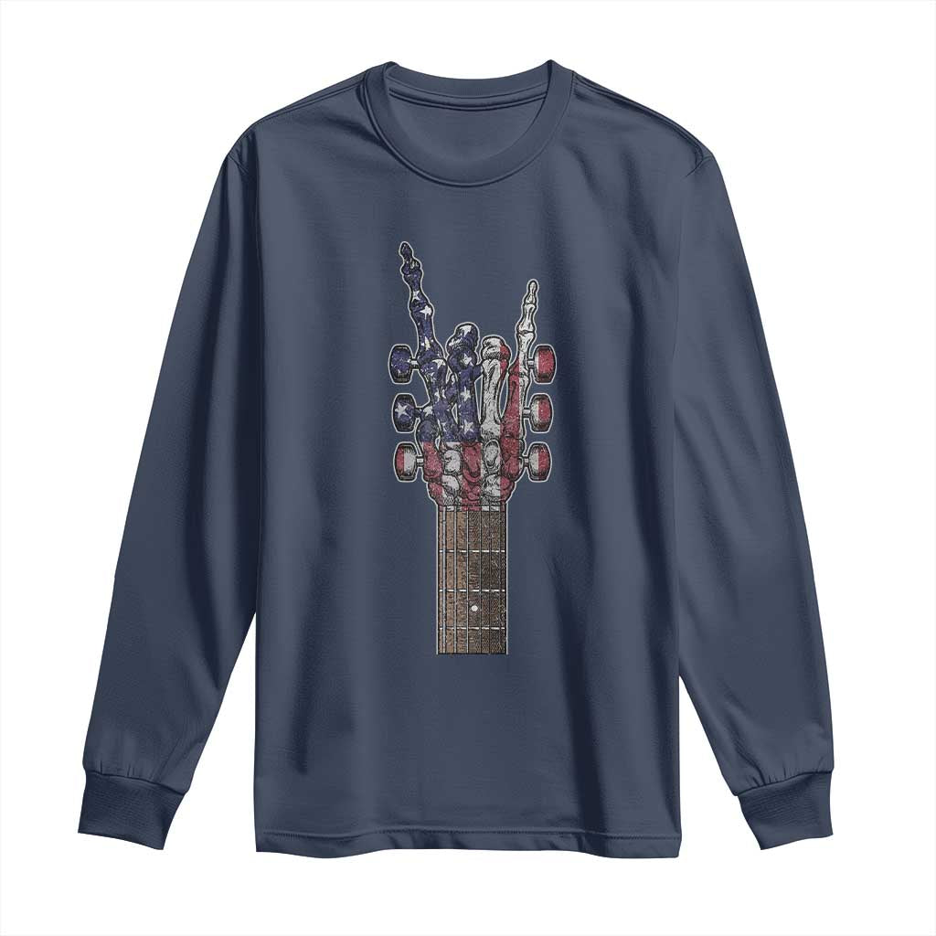 Rock On Skeleton Hand Guitar Long Sleeve Shirt Retro American Flag Heavy Metal Guitarist - Wonder Print Shop