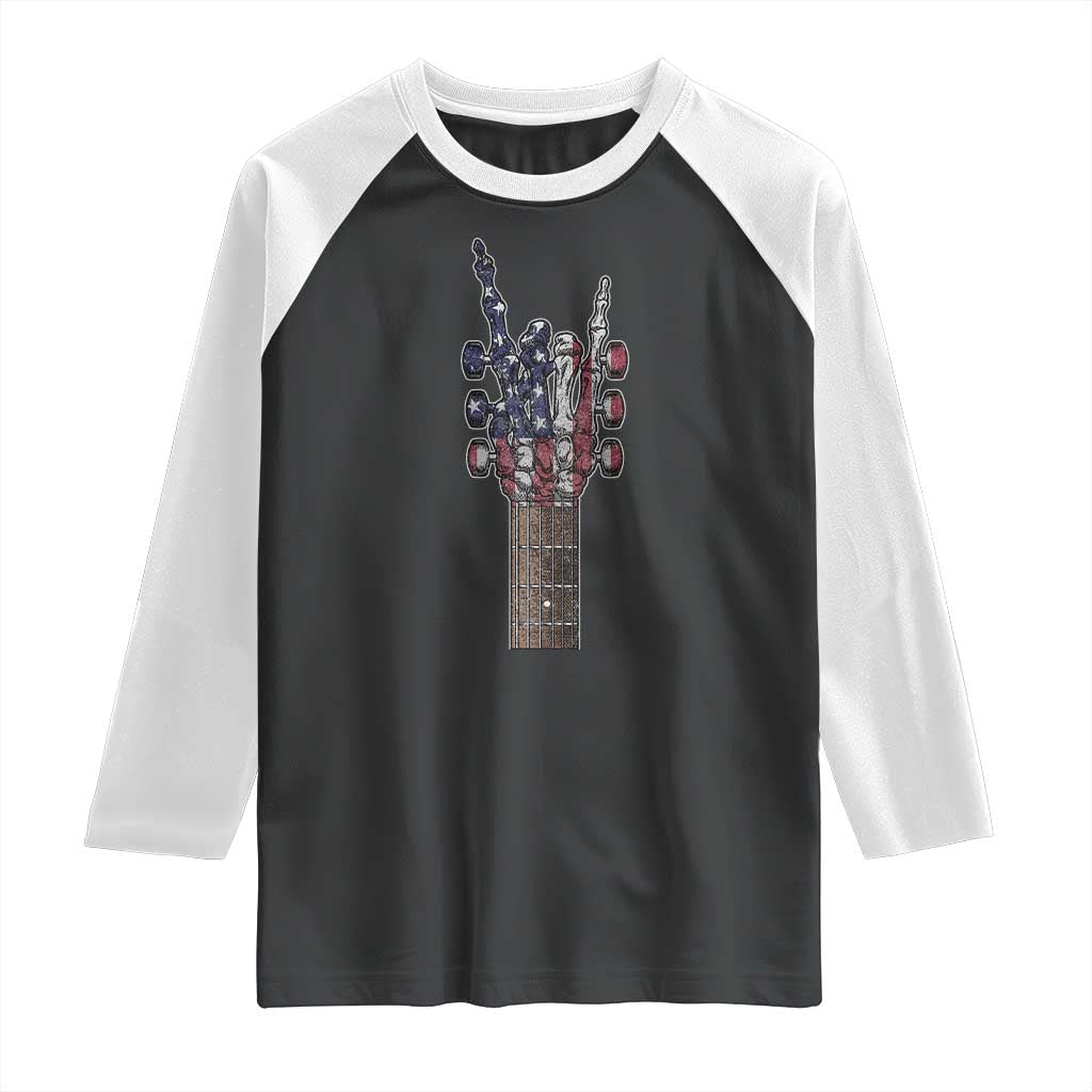 Rock On Skeleton Hand Guitar Raglan Shirt Retro American Flag Heavy Metal Guitarist - Wonder Print Shop