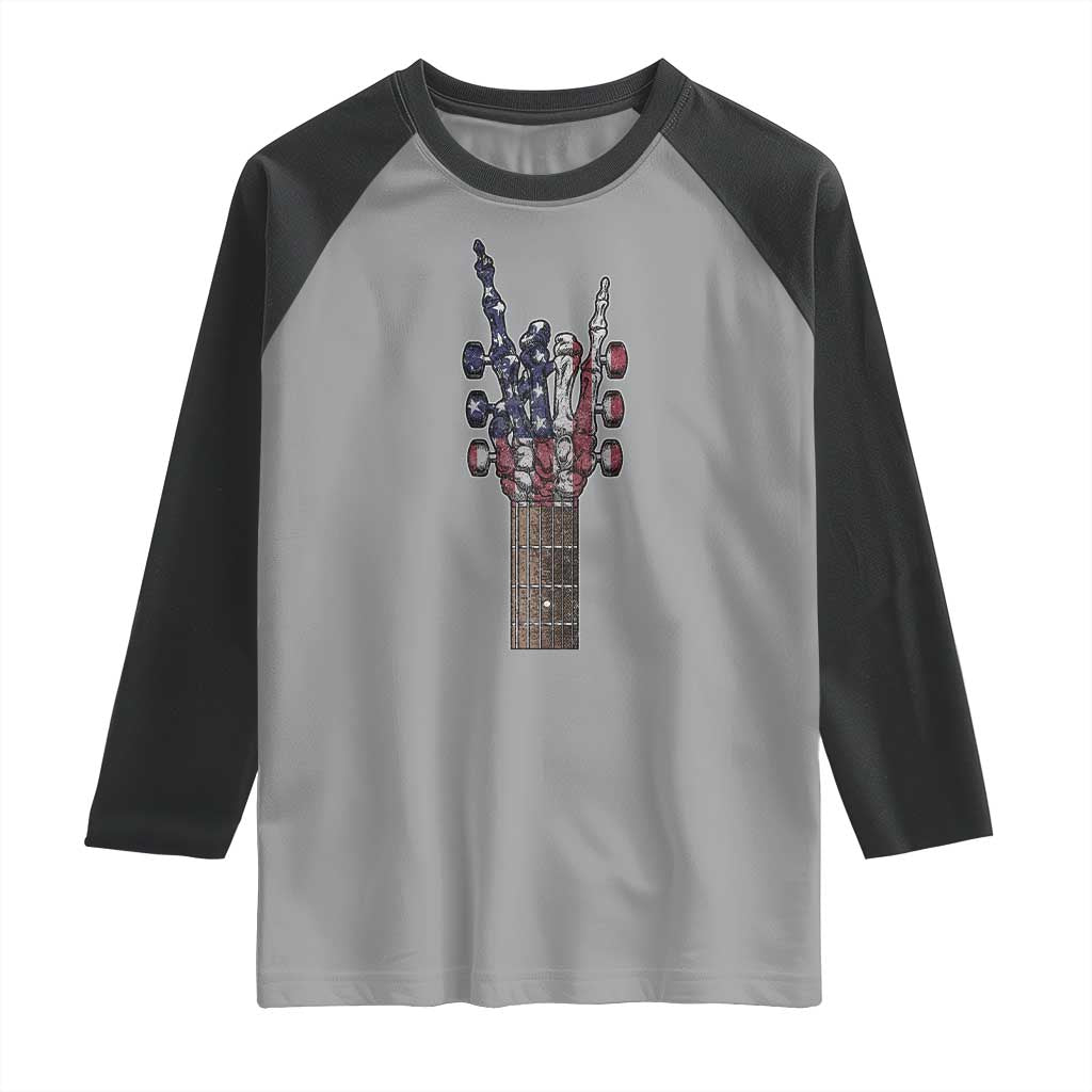 Rock On Skeleton Hand Guitar Raglan Shirt Retro American Flag Heavy Metal Guitarist - Wonder Print Shop