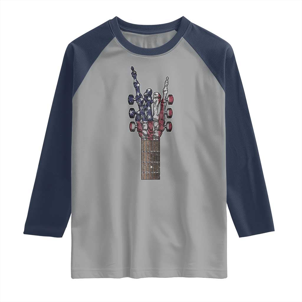 Rock On Skeleton Hand Guitar Raglan Shirt Retro American Flag Heavy Metal Guitarist - Wonder Print Shop