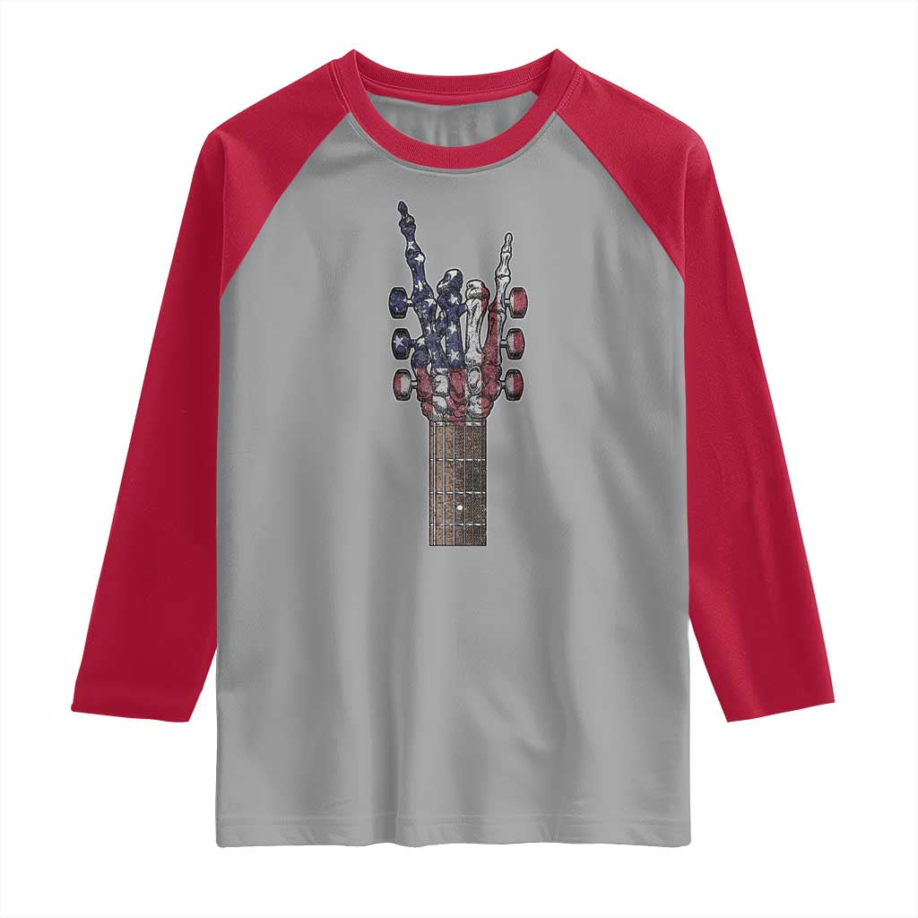 Rock On Skeleton Hand Guitar Raglan Shirt Retro American Flag Heavy Metal Guitarist - Wonder Print Shop
