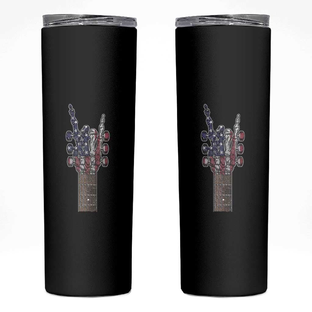 Rock On Skeleton Hand Guitar Skinny Tumbler Retro American Flag Heavy Metal Guitarist - Wonder Print Shop