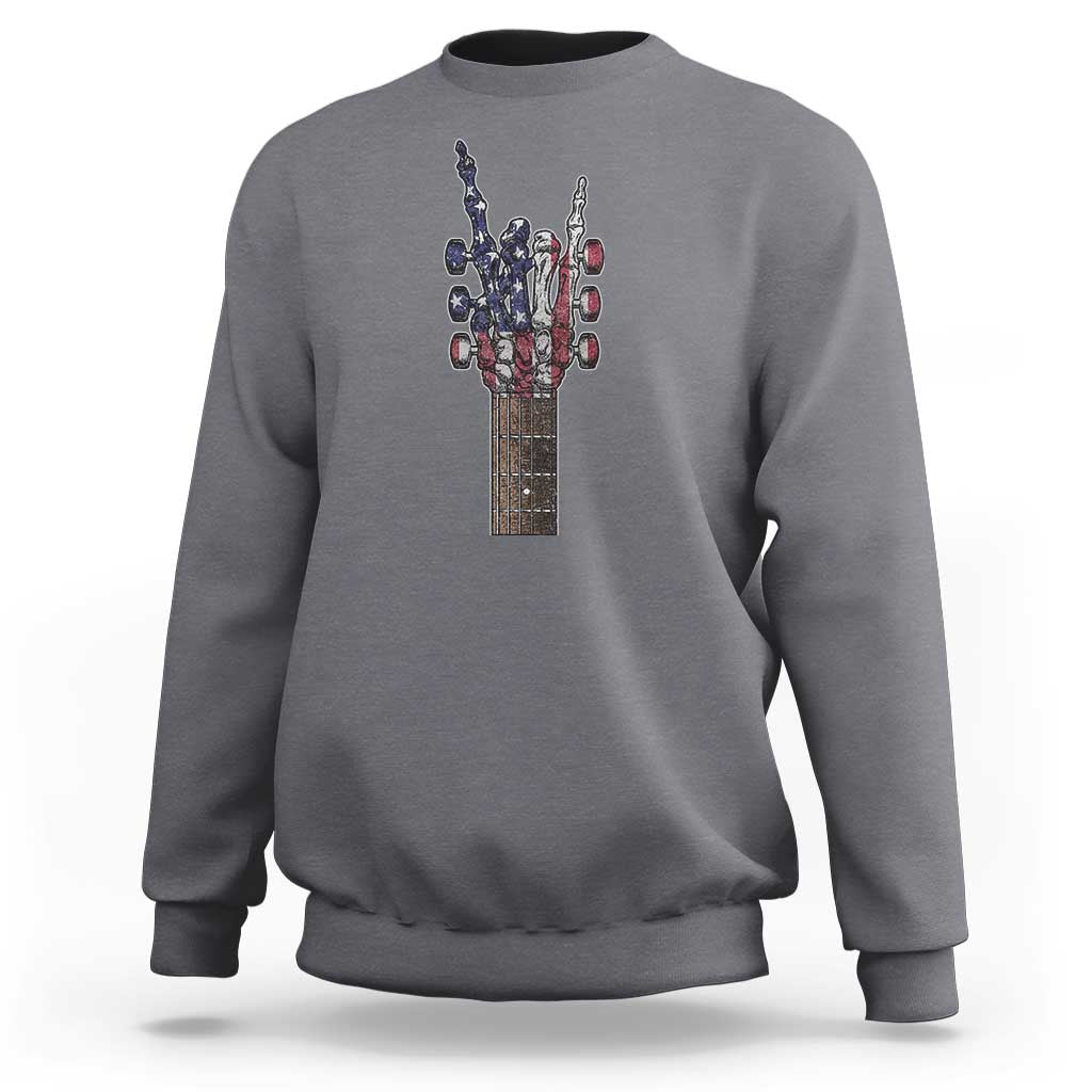 Rock On Skeleton Hand Guitar Sweatshirt Retro American Flag Heavy Metal Guitarist - Wonder Print Shop