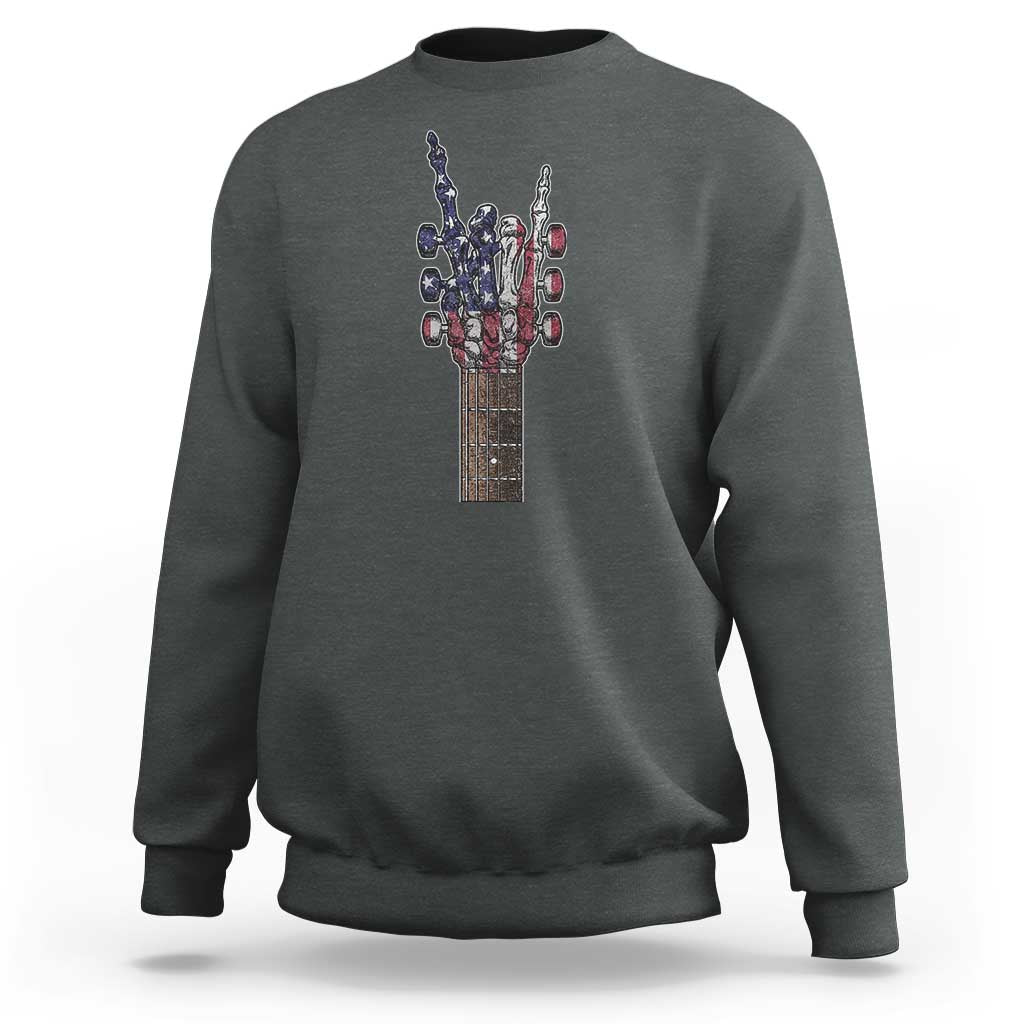 Rock On Skeleton Hand Guitar Sweatshirt Retro American Flag Heavy Metal Guitarist - Wonder Print Shop