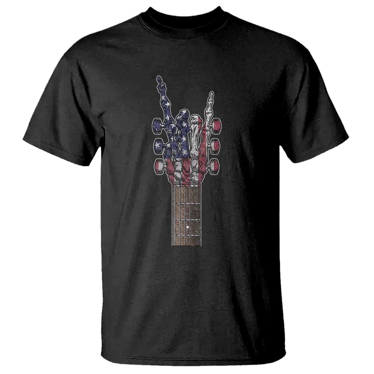 Rock On Skeleton Hand Guitar T Shirt Retro American Flag Heavy Metal Guitarist - Wonder Print Shop