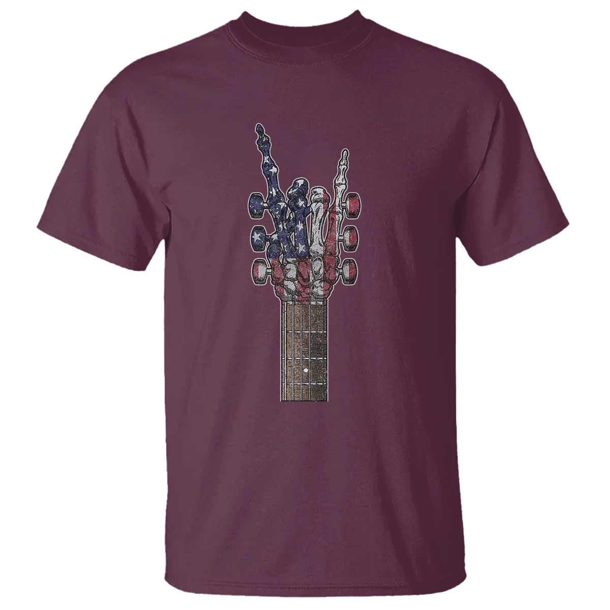 Rock On Skeleton Hand Guitar T Shirt Retro American Flag Heavy Metal Guitarist - Wonder Print Shop