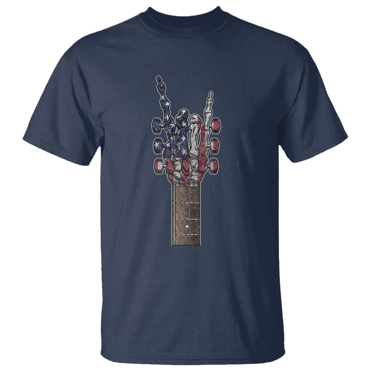 Rock On Skeleton Hand Guitar T Shirt Retro American Flag Heavy Metal Guitarist - Wonder Print Shop
