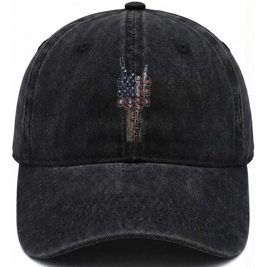 Rock On Skeleton Hand Guitar Washed Cotton Baseball Cap Retro American Flag Heavy Metal Guitarist