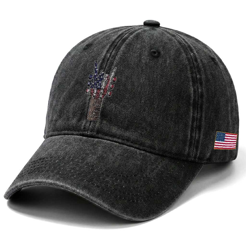 Rock On Skeleton Hand Guitar Washed Cotton Baseball Cap Retro American Flag Heavy Metal Guitarist