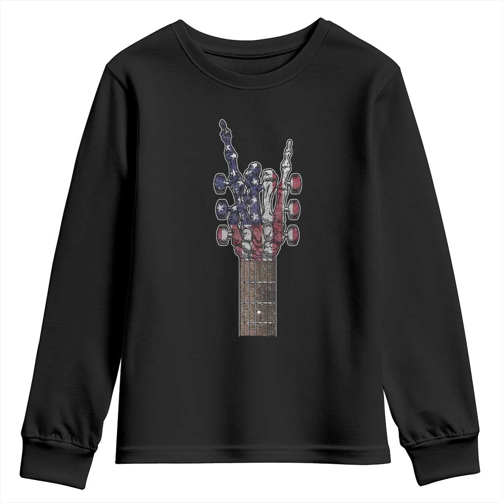 Rock On Skeleton Hand Guitar Youth Sweatshirt Retro American Flag Heavy Metal Guitarist - Wonder Print Shop