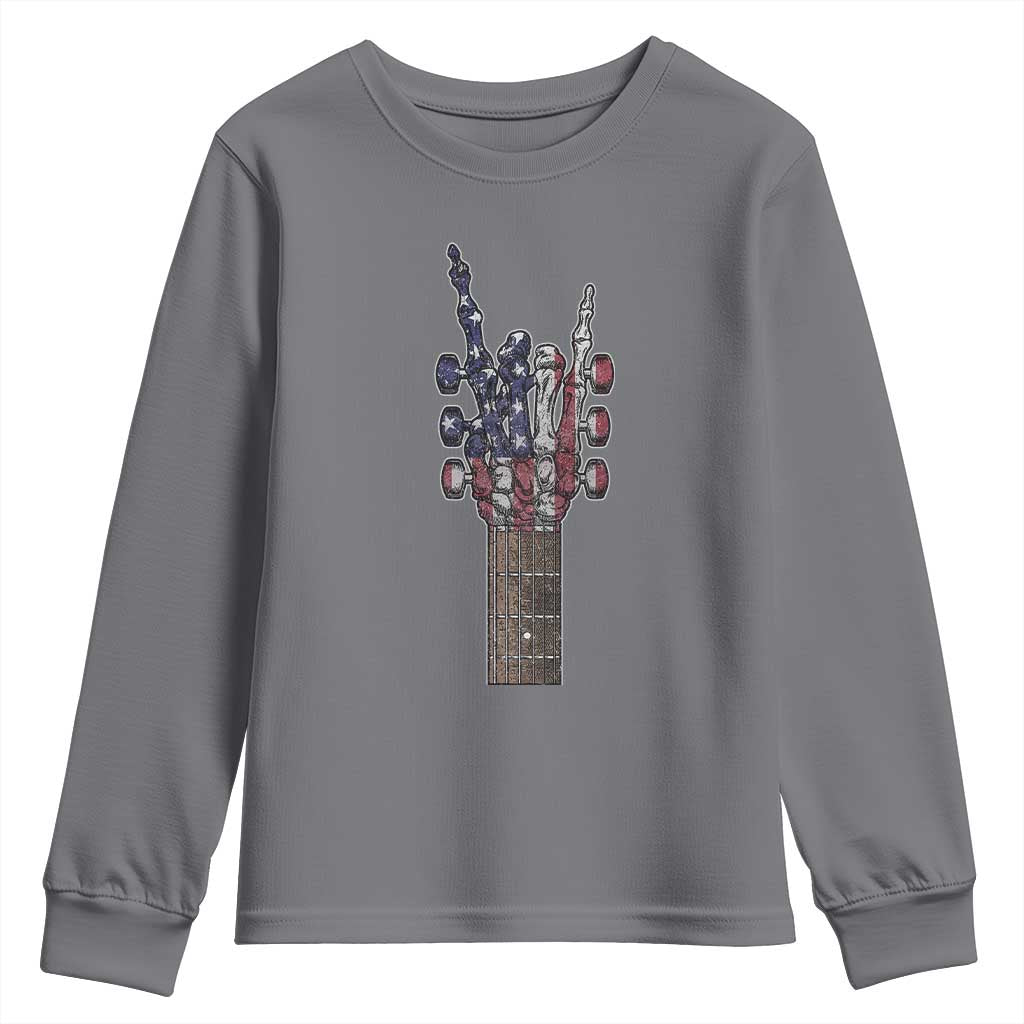 Rock On Skeleton Hand Guitar Youth Sweatshirt Retro American Flag Heavy Metal Guitarist - Wonder Print Shop