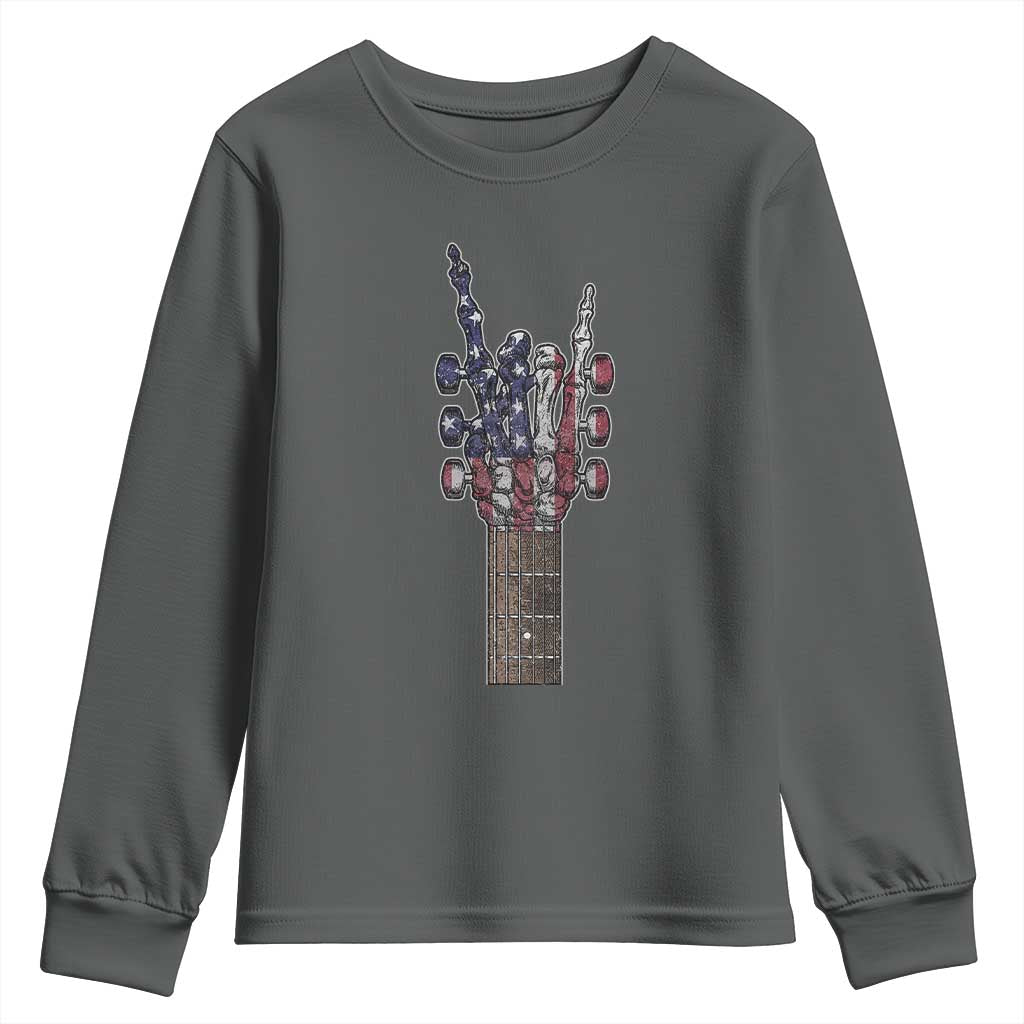 Rock On Skeleton Hand Guitar Youth Sweatshirt Retro American Flag Heavy Metal Guitarist - Wonder Print Shop