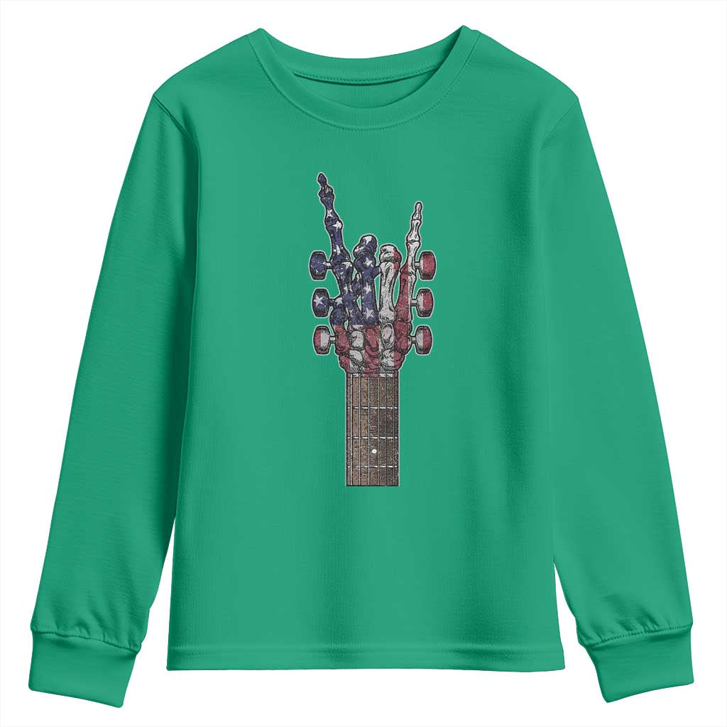 Rock On Skeleton Hand Guitar Youth Sweatshirt Retro American Flag Heavy Metal Guitarist - Wonder Print Shop