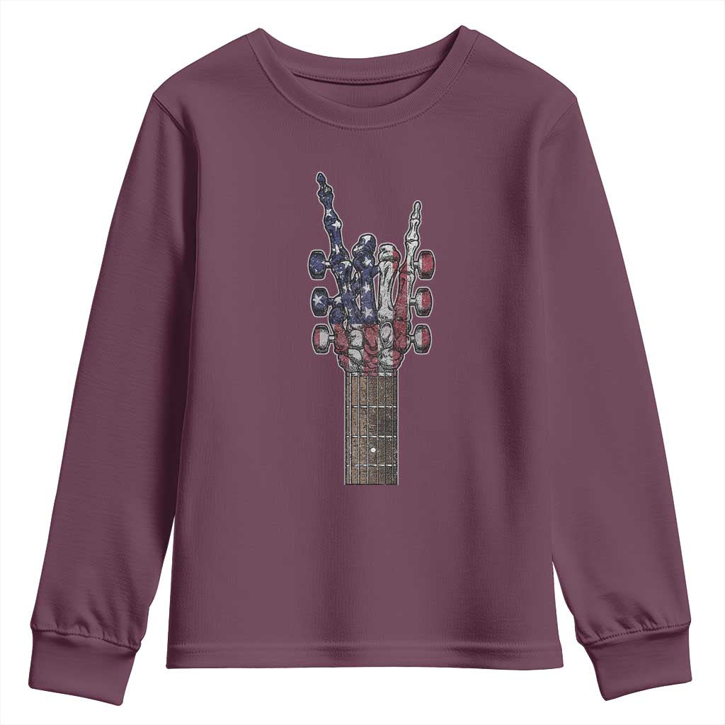 Rock On Skeleton Hand Guitar Youth Sweatshirt Retro American Flag Heavy Metal Guitarist - Wonder Print Shop