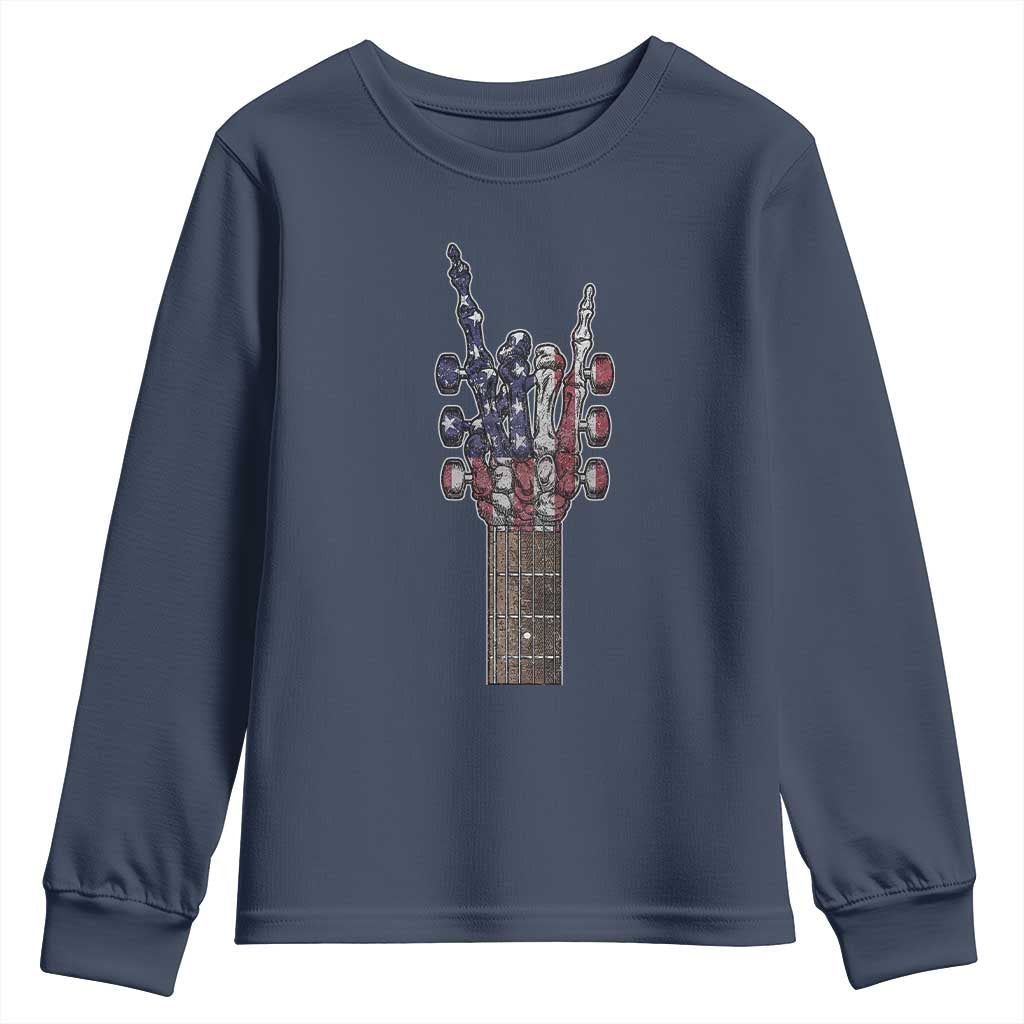 Rock On Skeleton Hand Guitar Youth Sweatshirt Retro American Flag Heavy Metal Guitarist - Wonder Print Shop