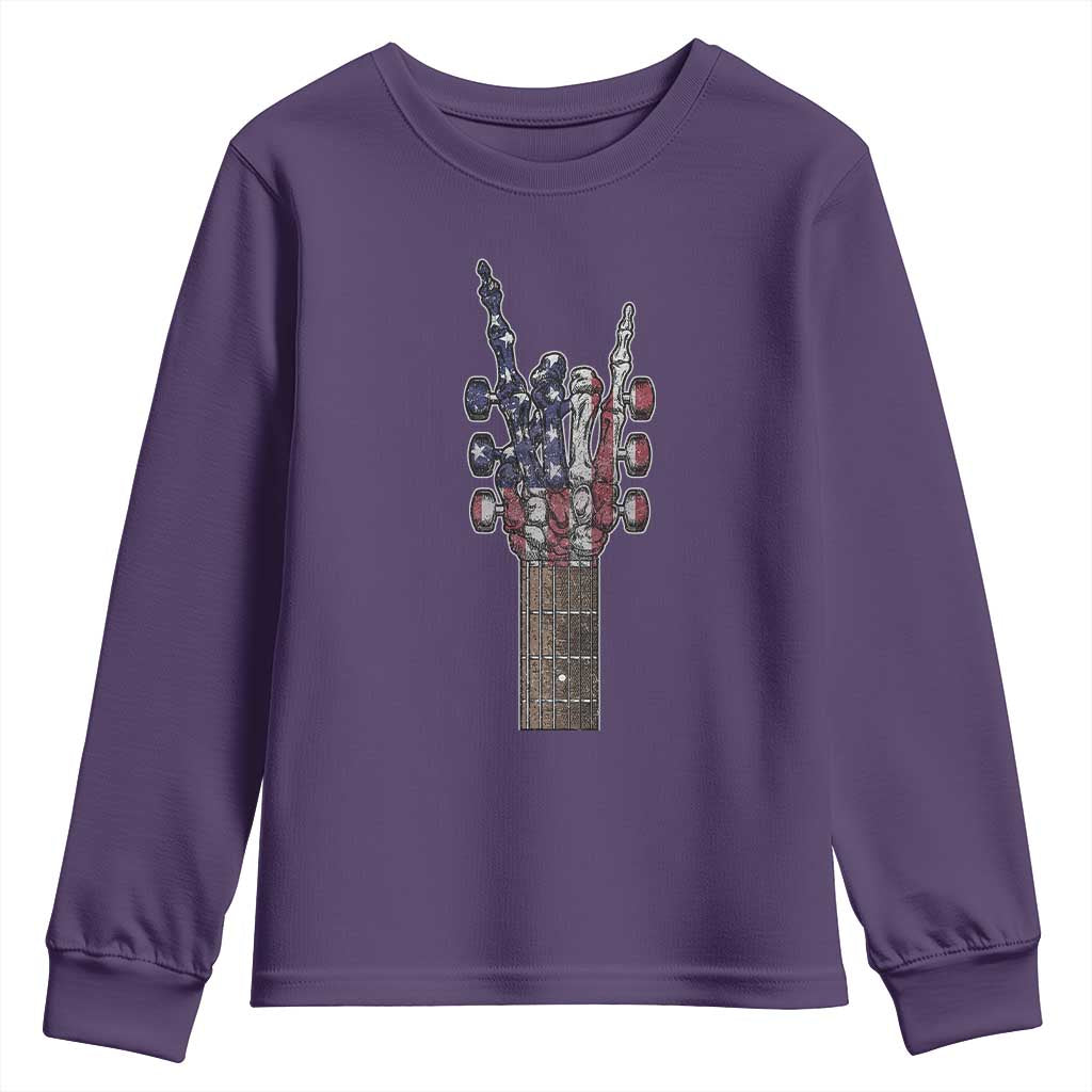 Rock On Skeleton Hand Guitar Youth Sweatshirt Retro American Flag Heavy Metal Guitarist - Wonder Print Shop
