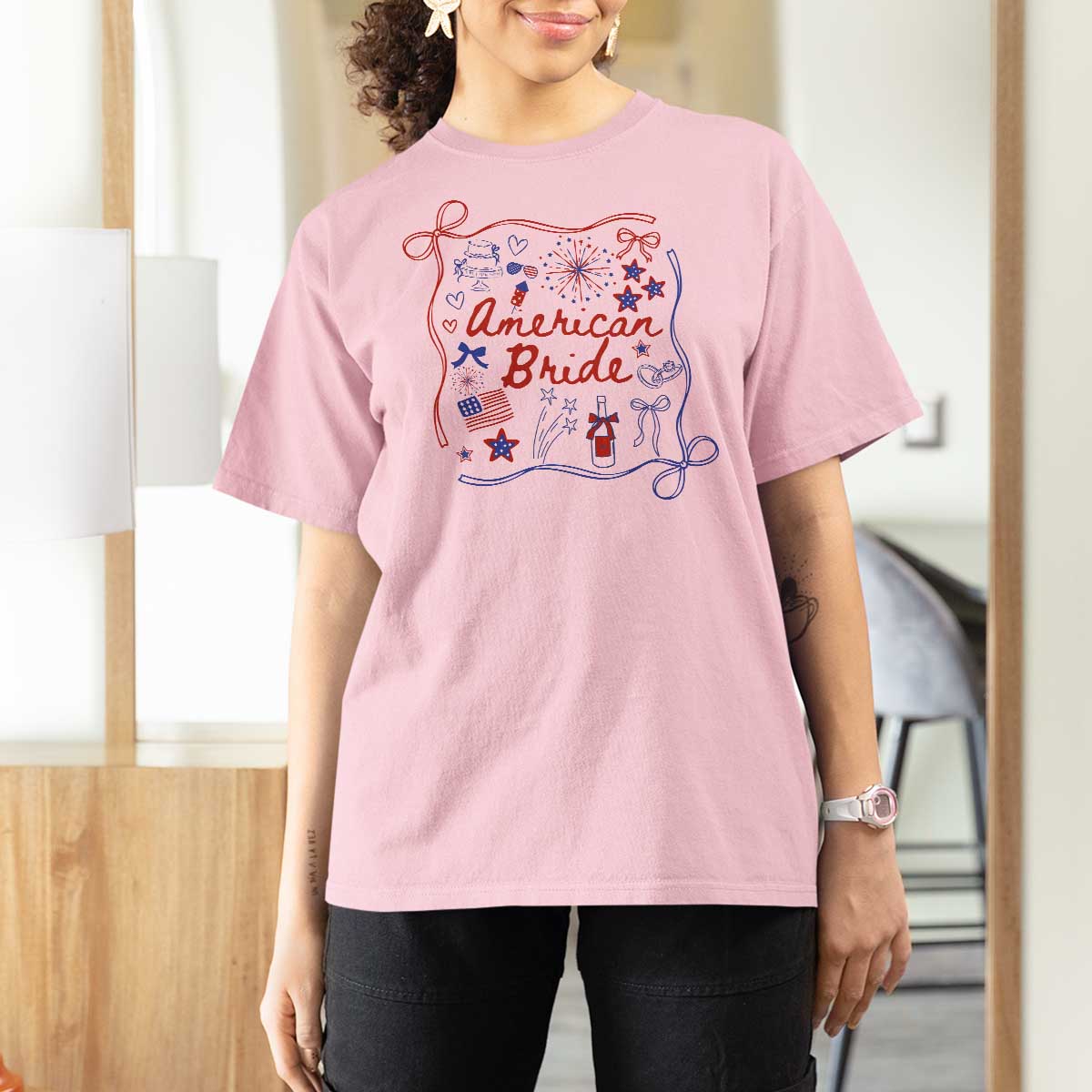 American Bride Bachelorette Party T Shirt For Women Coquette Bow 4th Of July - Wonder Print Shop