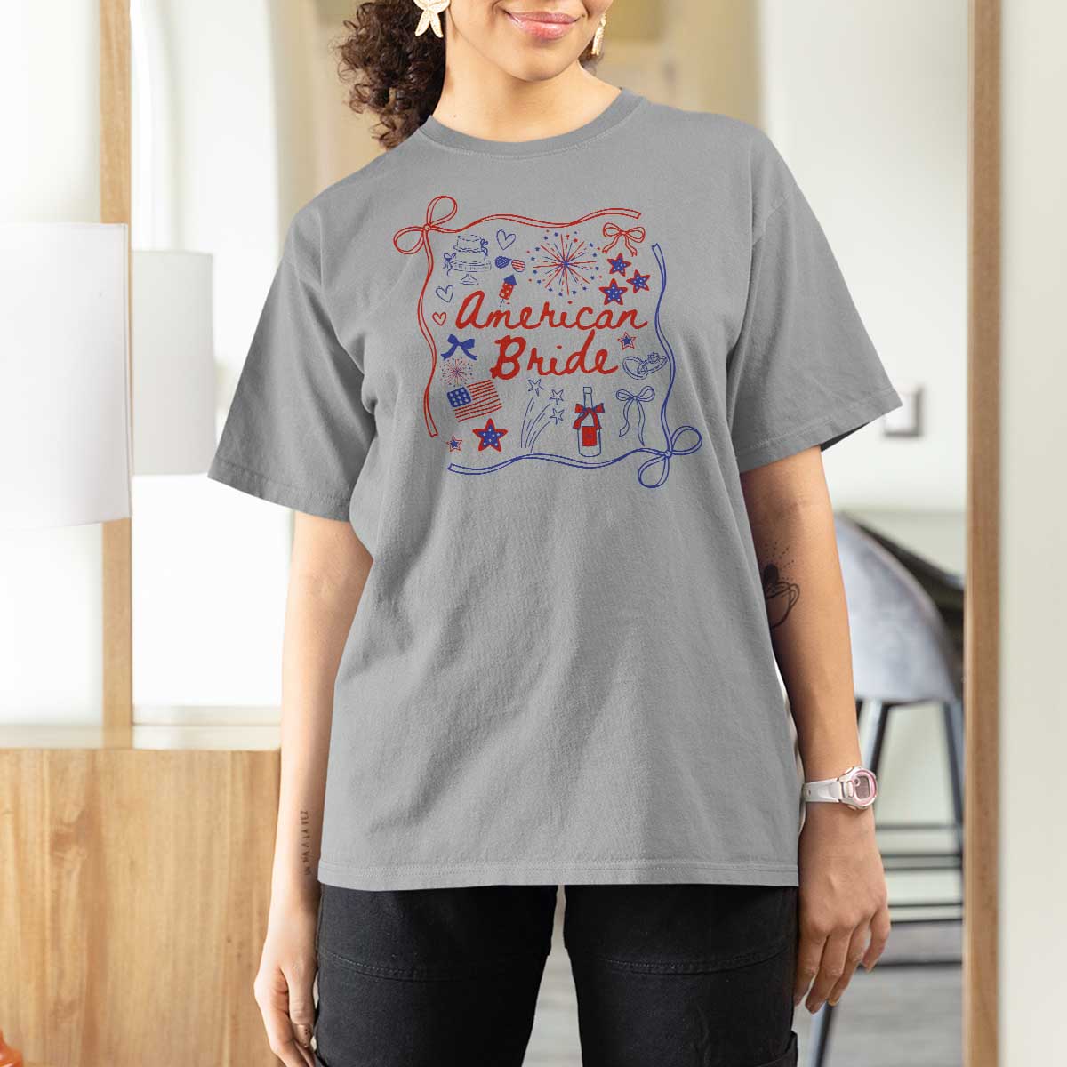 American Bride Bachelorette Party T Shirt For Women Coquette Bow 4th Of July - Wonder Print Shop