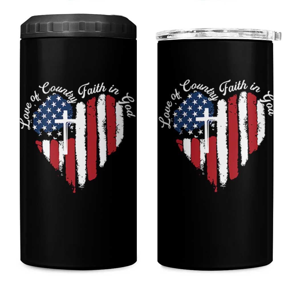 Patriotic Christian 4 in 1 Can Cooler Tumbler Faith In God Heart Cross Flag 4th Of July Religious - Wonder Print Shop