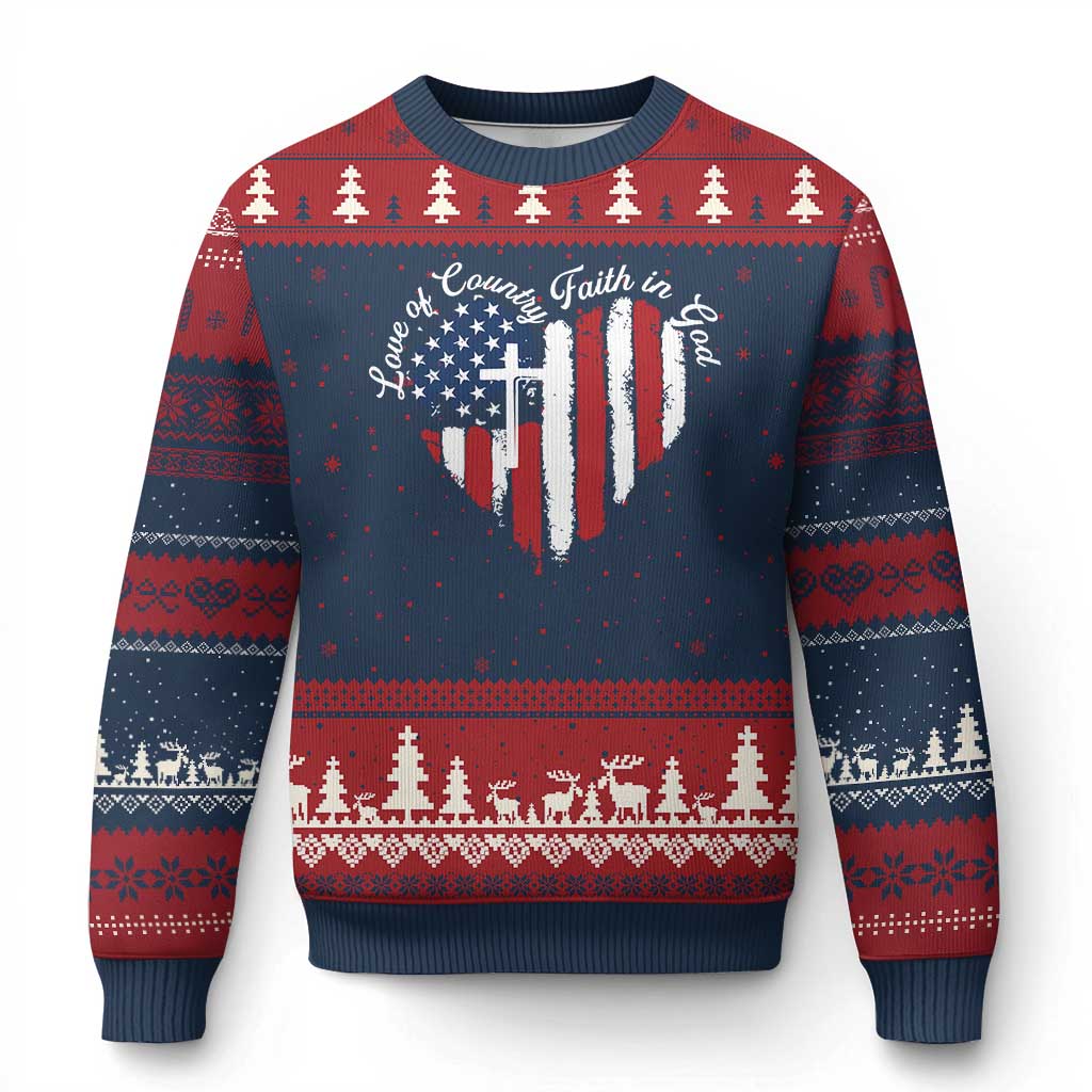 Patriotic Christian Ugly Christmas Sweater Faith In God Heart Cross Flag 4th Of July Religious - Wonder Print Shop