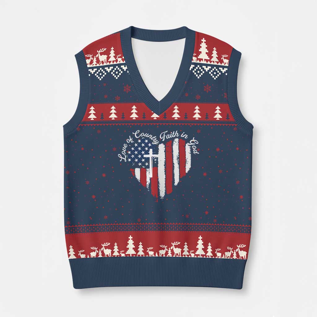 Patriotic Christian V-Neck Knit Sweater Vest Faith In God Heart Cross Flag 4th Of July Religious - Wonder Print Shop