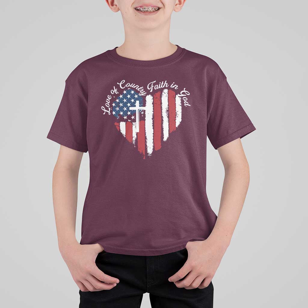 Patriotic Christian T Shirt For Kid Faith In God Heart Cross Flag 4th Of July Religious - Wonder Print Shop