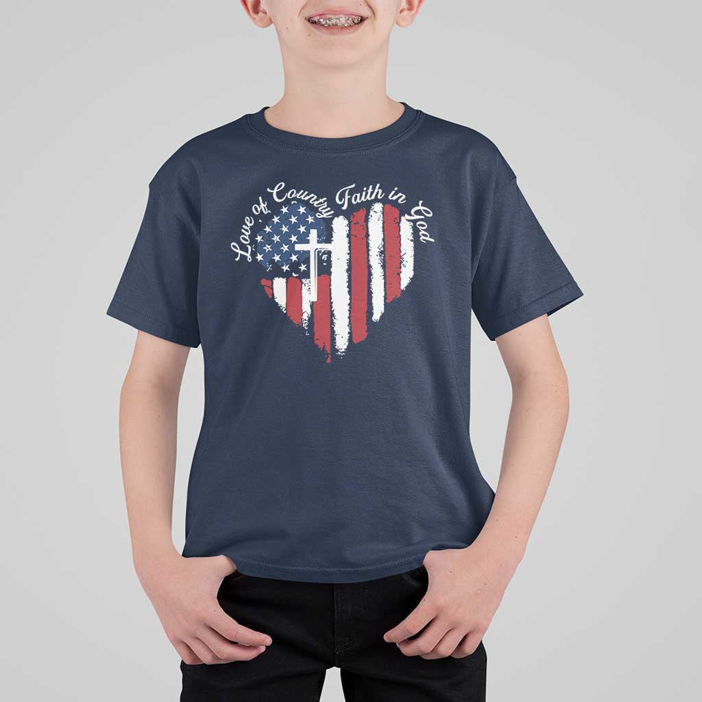 Patriotic Christian T Shirt For Kid Faith In God Heart Cross Flag 4th Of July Religious - Wonder Print Shop