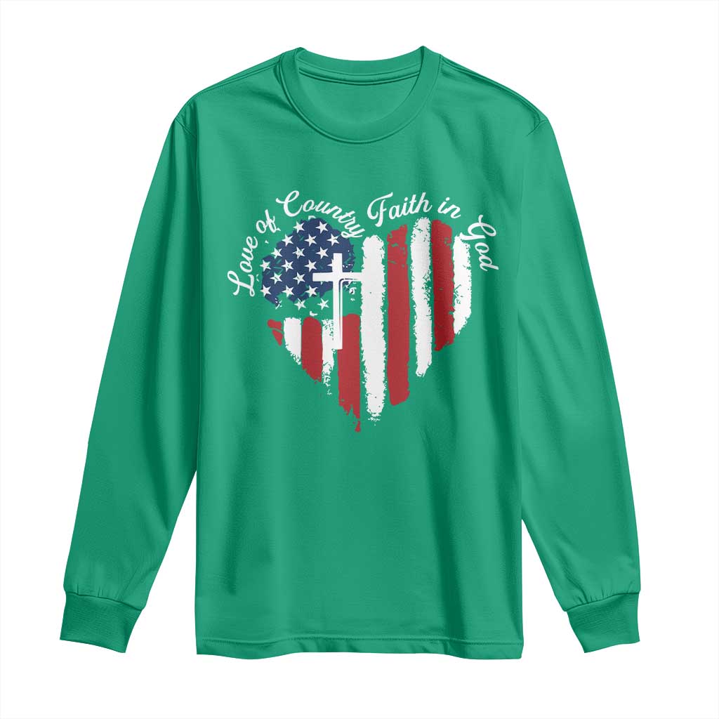 Patriotic Christian Long Sleeve Shirt Faith In God Heart Cross Flag 4th Of July Religious - Wonder Print Shop