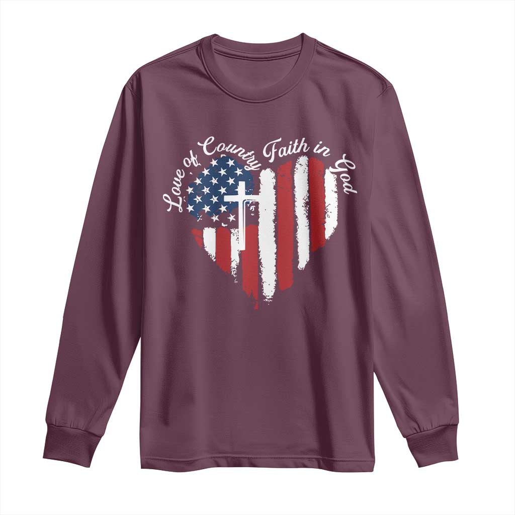 Patriotic Christian Long Sleeve Shirt Faith In God Heart Cross Flag 4th Of July Religious - Wonder Print Shop